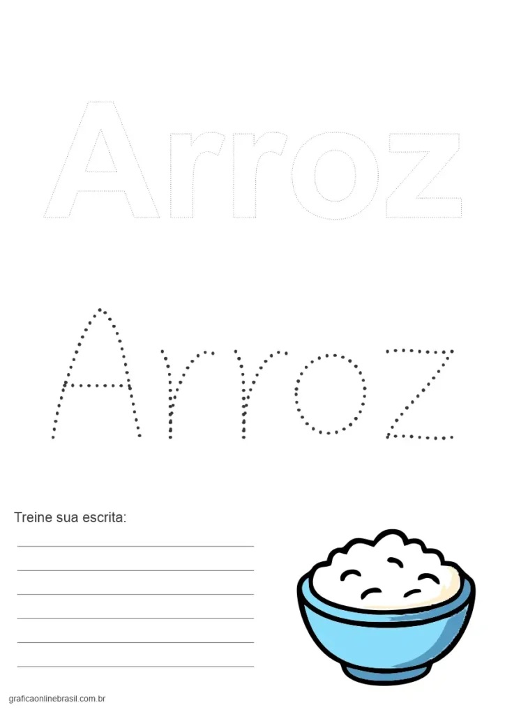 Atividade educativa com a palavra "Arroz" para colorir, treinar a escrita e imagem de arroz em tigela.