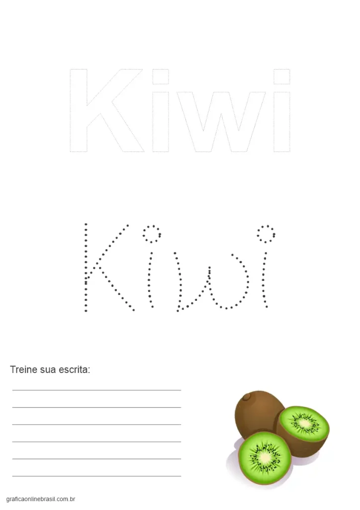 Folha com o nome "Kiwi" para colorir e escrever, com ilustração da fruta.