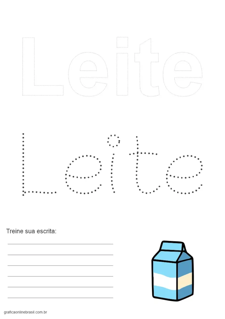 Atividade educativa com a palavra "Leite" e imagem de caixa de leite para colorir.