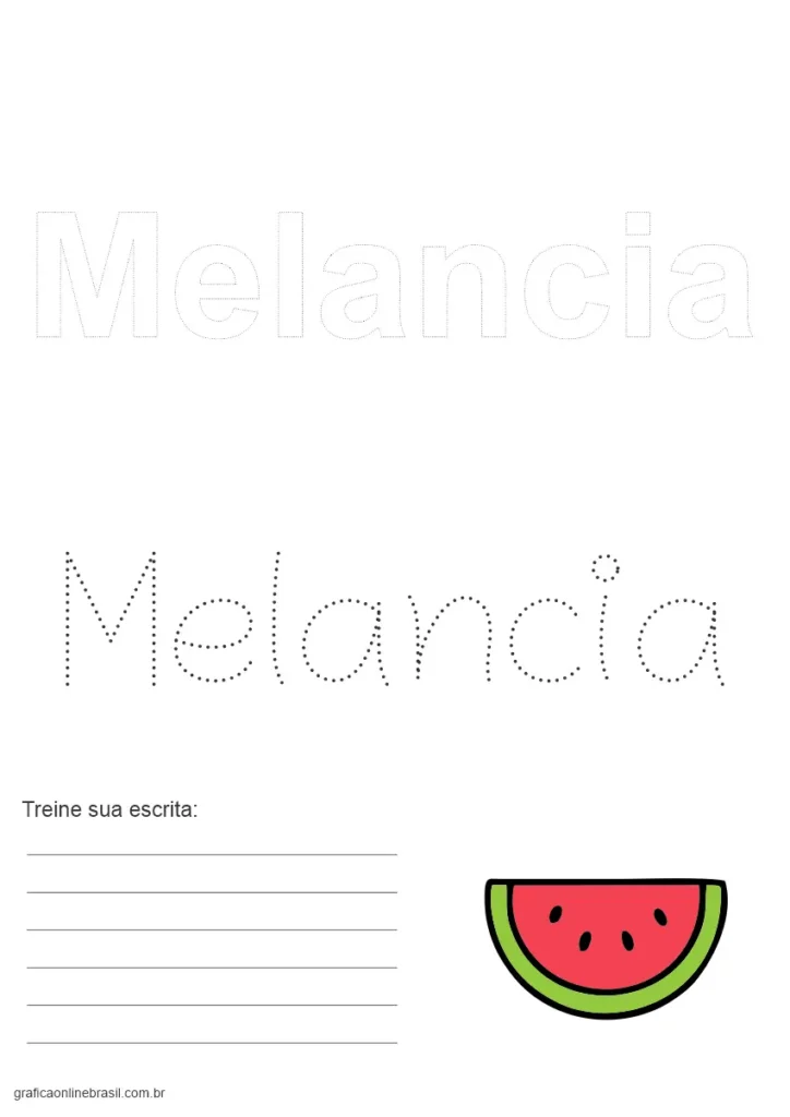 Atividade com a palavra "Melancia" para treinar a escrita, com desenho da fruta.