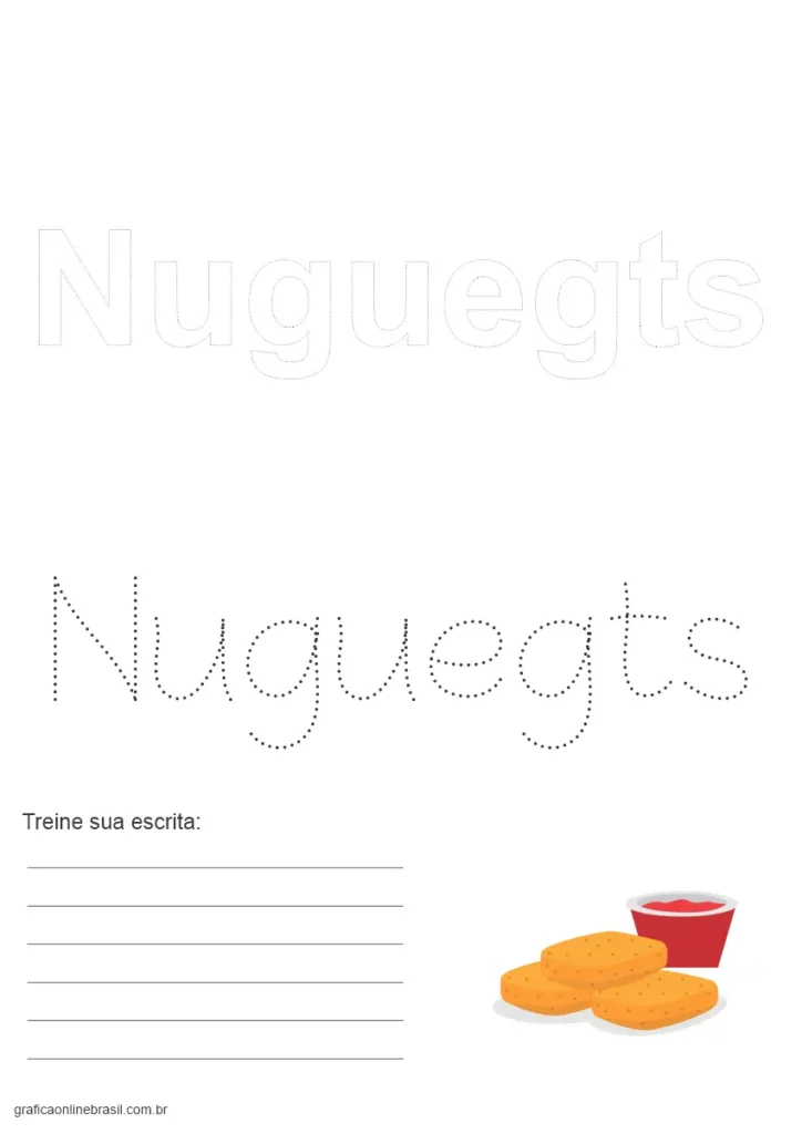 Folha com a palavra "Nuggets" para colorir e escrever, com imagem do alimento.