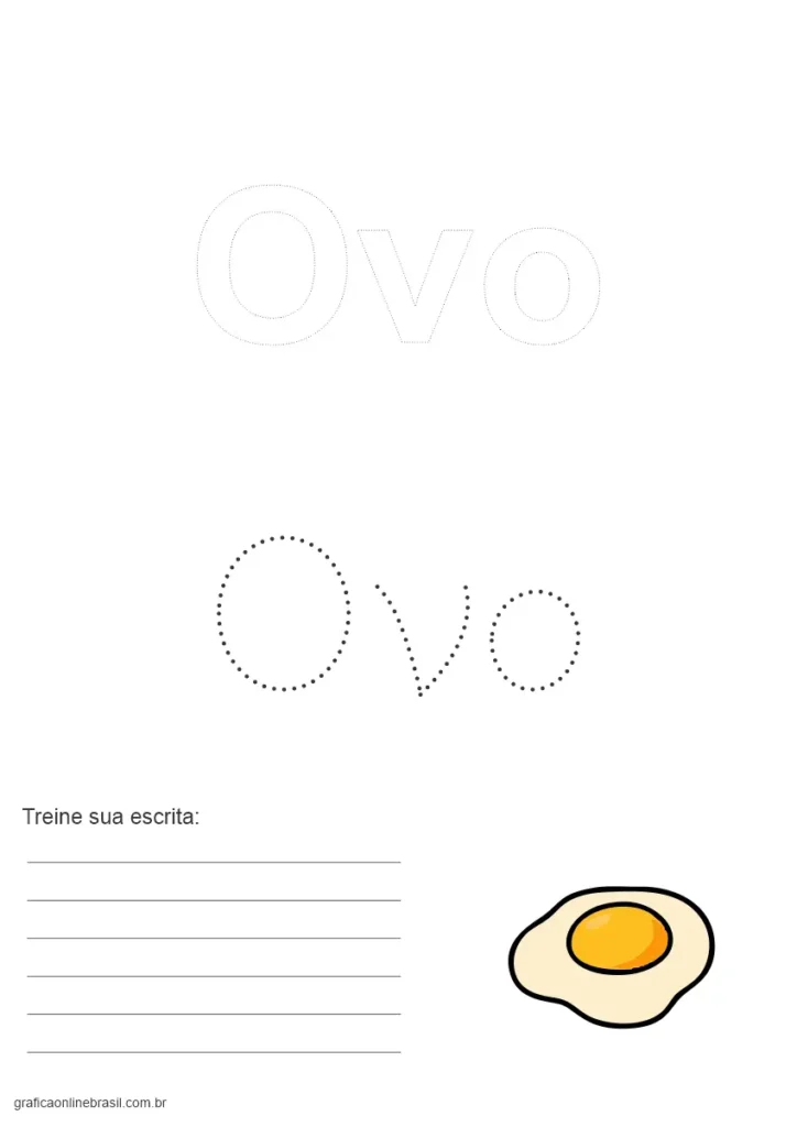 Atividade com o nome "Ovo" em pontilhado e tracejado, com ilustração de ovo frito.