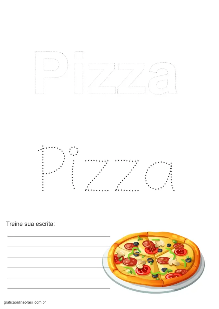 Página educativa com o nome "Pizza" e imagem ilustrativa da pizza.