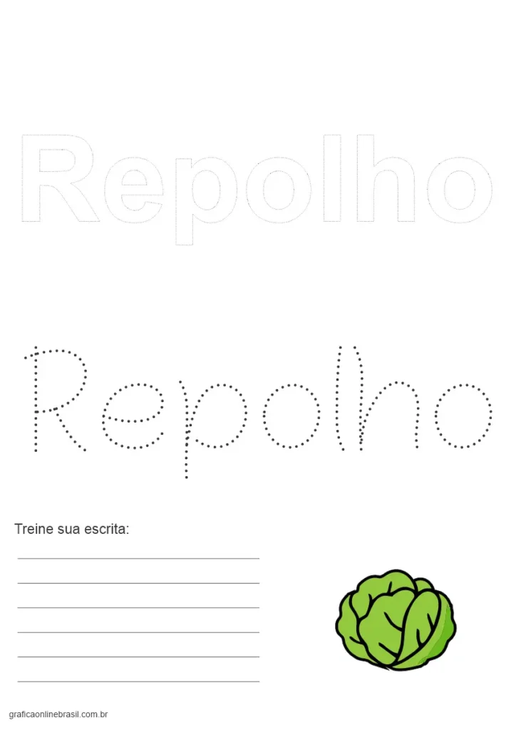 Folha com a palavra "Repolho" para colorir e treinar escrita, com ilustração da verdura.