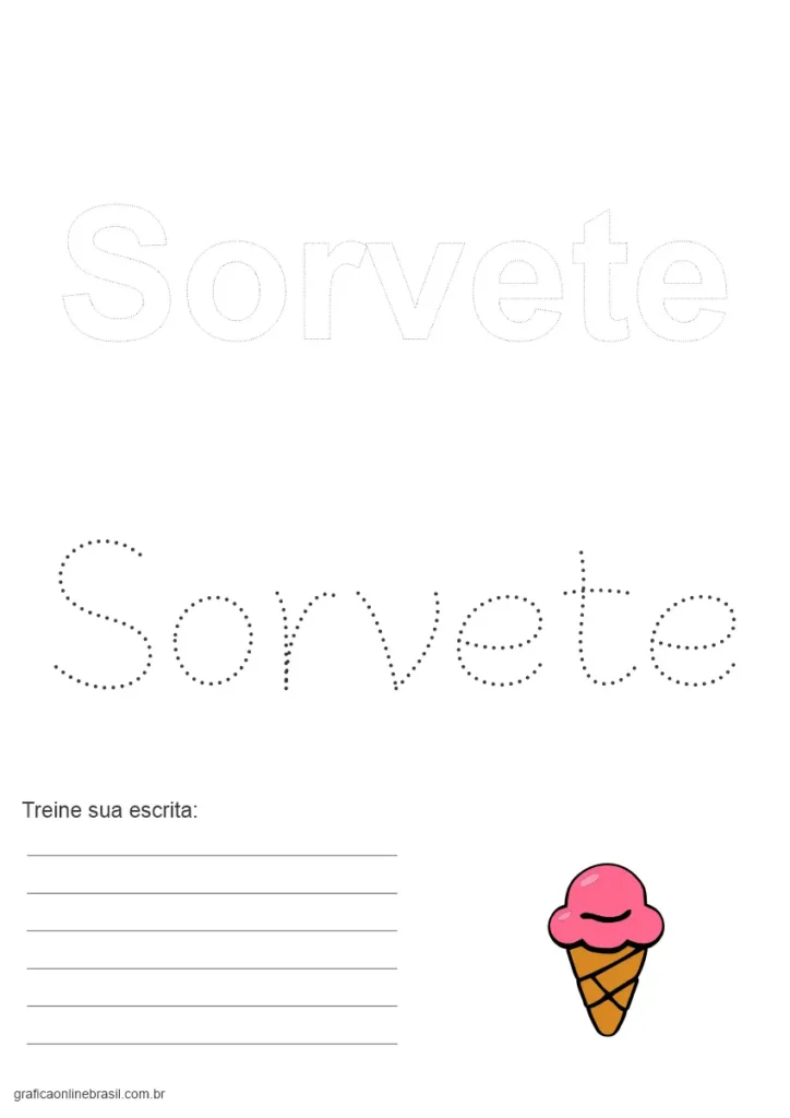 Atividade infantil com o nome "Sorvete" pontilhado e imagem de casquinha de sorvete.
