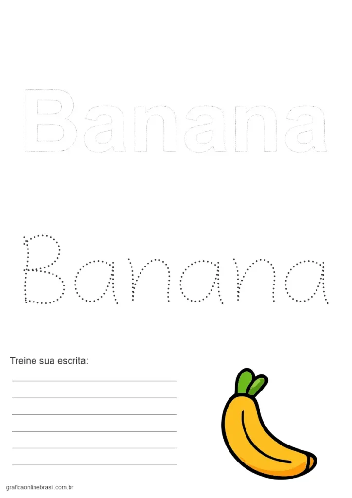 Atividade com a palavra "Banana" para colorir e escrever, acompanhada de ilustração de banana.