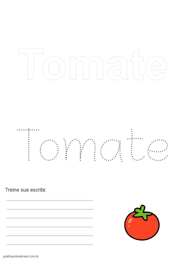 Folha educativa com a palavra "Tomate" e ilustração do alimento.
