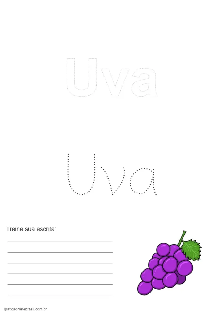 Atividade para colorir e escrever a palavra "Uva", com desenho de cacho de uvas.