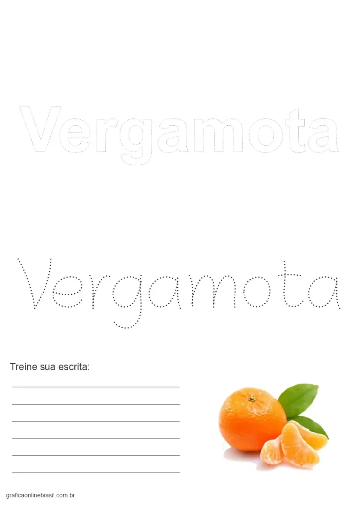 Página com o nome "Vergamota" em tracejado e imagem da fruta descascada.