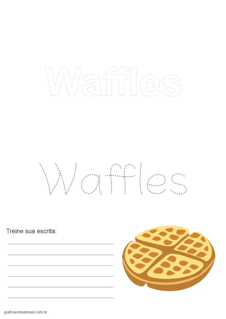 Atividade com a palavra "Waffles" para treino de escrita e imagem de waffles com mel.