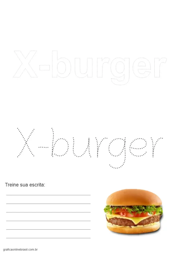 Folha com o nome "X-burguer" pontilhado e tracejado, com ilustração do sanduíche.
