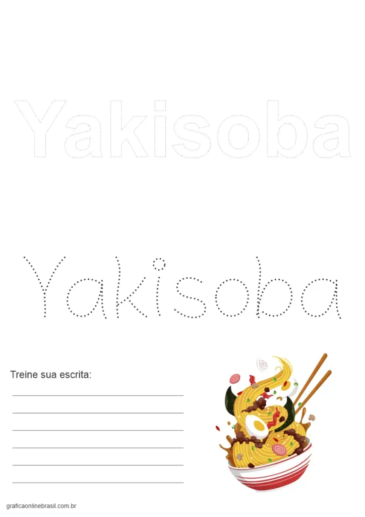 Atividade educativa com a palavra "Yakisoba" para escrever e imagem do prato oriental.