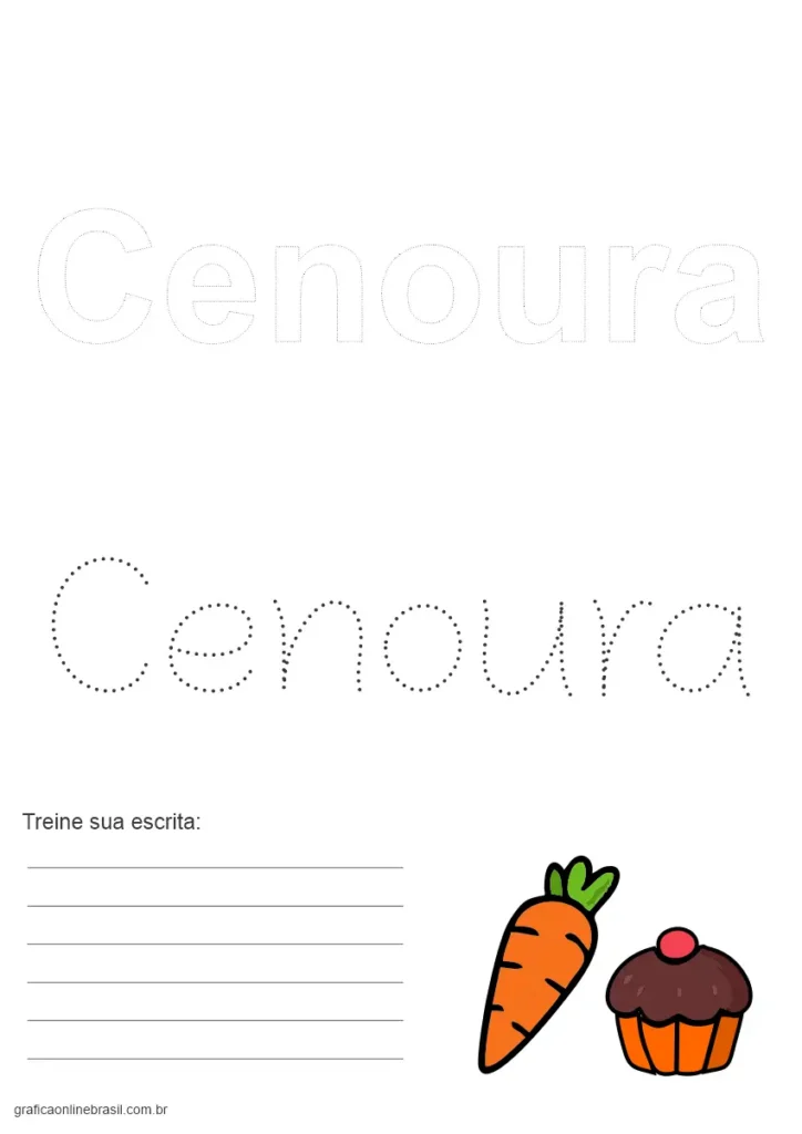 Atividade infantil com o nome "Cenoura" pontilhado e tracejado, com imagem de uma cenoura.