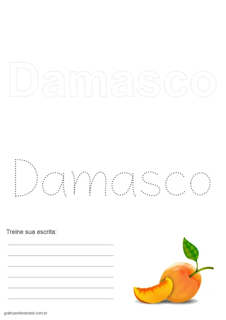 Atividade de alfabetização com a palavra "Damasco" e imagem colorida da fruta.