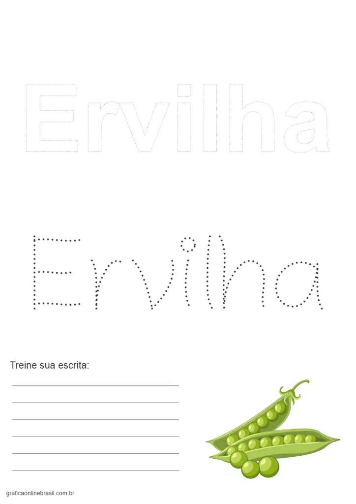 Folha com a palavra "Ervilha" para colorir e treinar escrita, com imagem de ervilhas verdes.