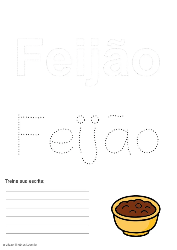 Atividade com a palavra "Feijão" em pontilhado e tracejado, e ilustração de feijão.