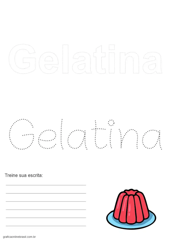 Folha com a palavra "Gelatina" para colorir e escrever, com imagem de gelatina colorida.