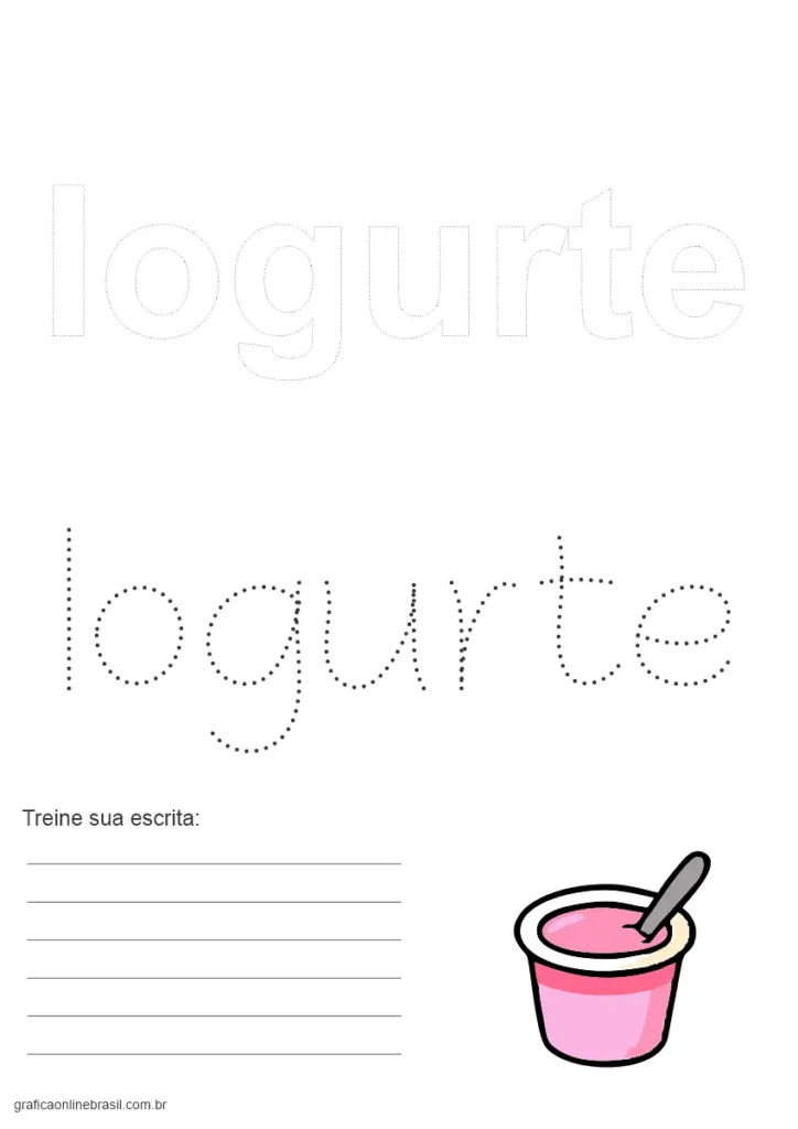 Página educativa com a palavra "Iogurte" para colorir e escrever, com imagem de copo de iogurte.