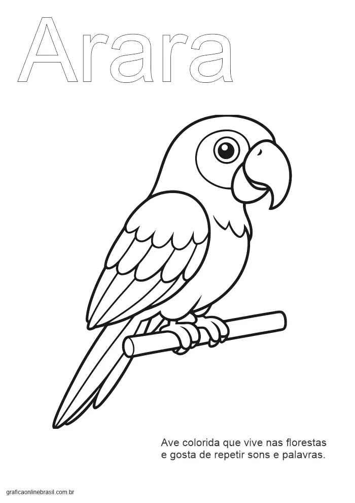 Atividade educativa com a palavra "Arara" para colorir, treinar escrita e imagem de arara colorida.