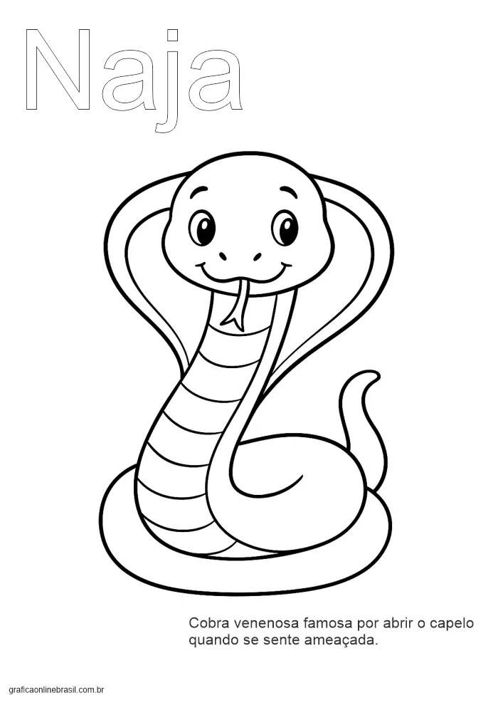 Folha com a palavra "Naja" para colorir e escrever, com imagem da cobra.