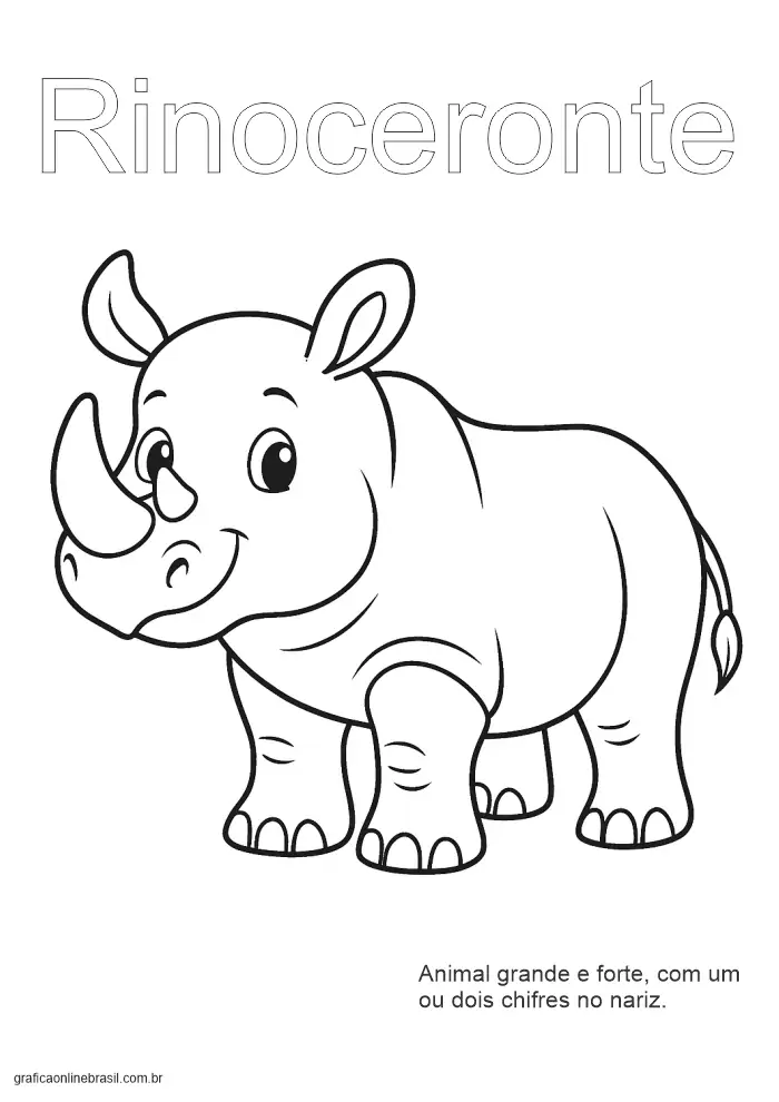 Folha com a palavra "Rinoceronte" para colorir e treinar escrita, com ilustração do animal.