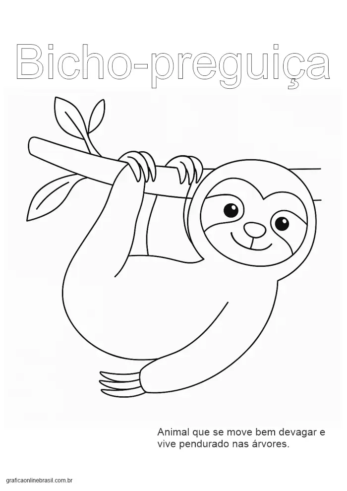 Atividade com a palavra "Bicho-preguiça" para colorir e escrever, com imagem do animal pendurado em galho.