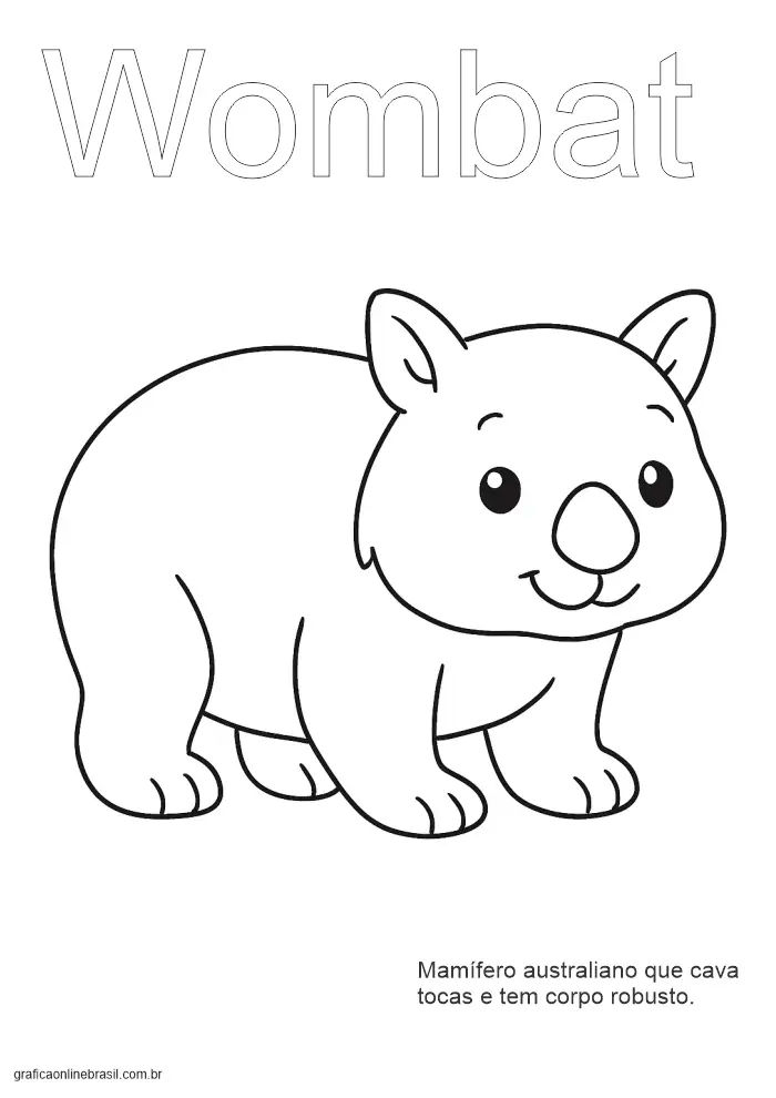 Atividade com a palavra "Wombat" para treino de escrita e imagem do animal.