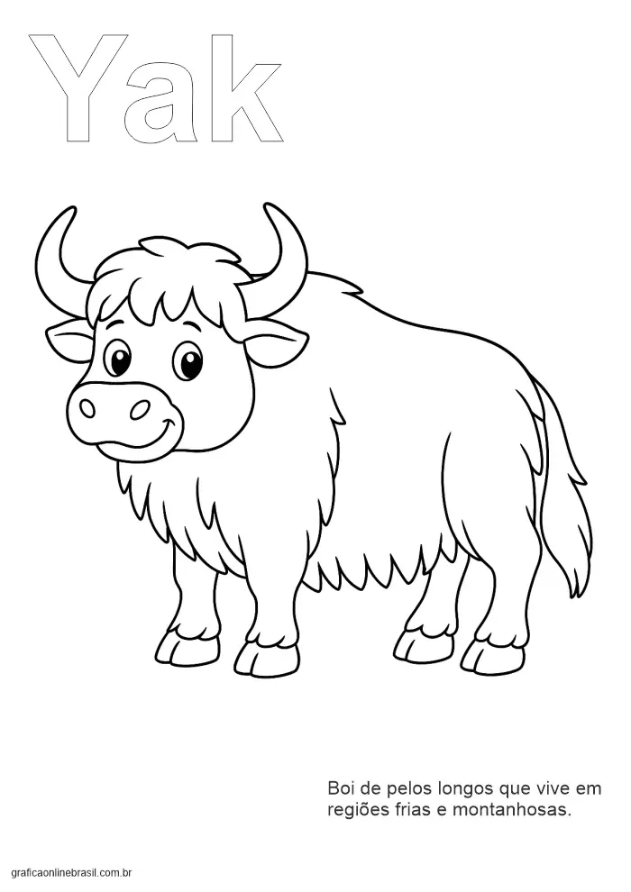 Atividade educativa com a palavra "Yak" para escrever e imagem do boi de pelos longos.