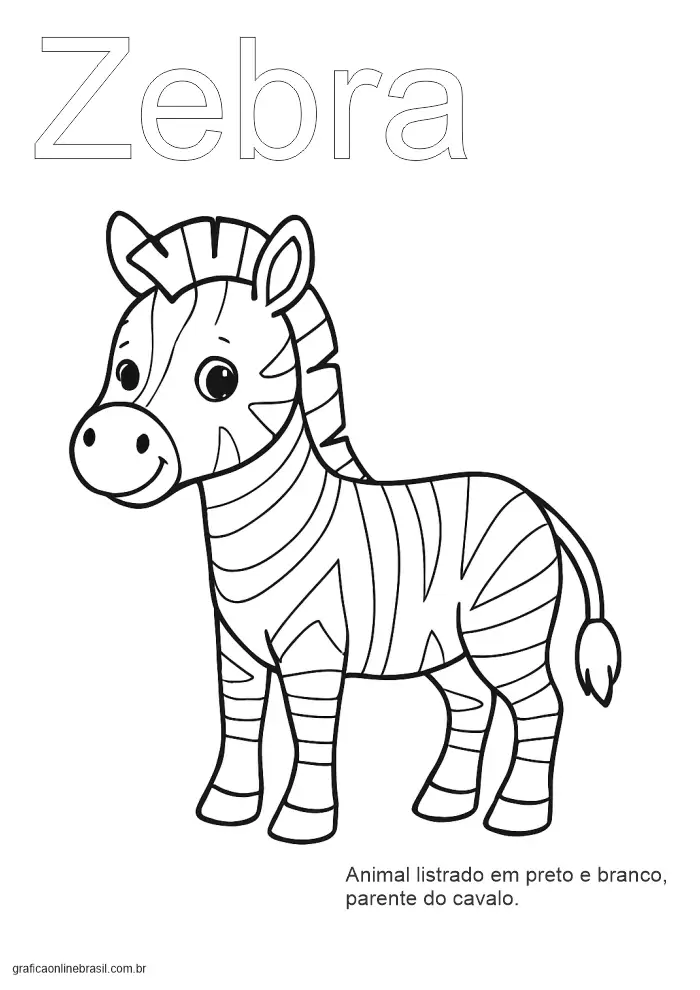 Página com a palavra "Zebra" para colorir e escrever, com imagem do animal listrado.