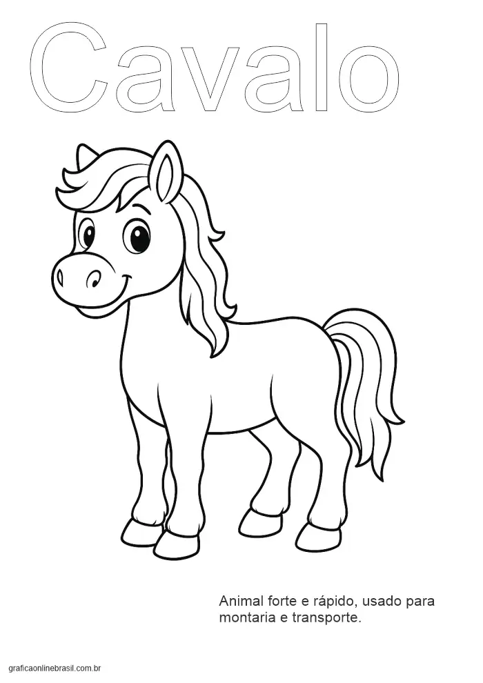Atividade infantil com o nome "Cavalo" pontilhado e tracejado, com imagem de cavalo.