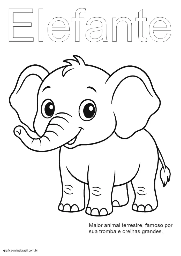 Folha com a palavra "Elefante" para colorir e treinar escrita, com imagem do animal.