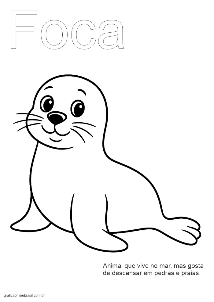 Atividade com a palavra "Foca" pontilhada e tracejada, e ilustração de foca.