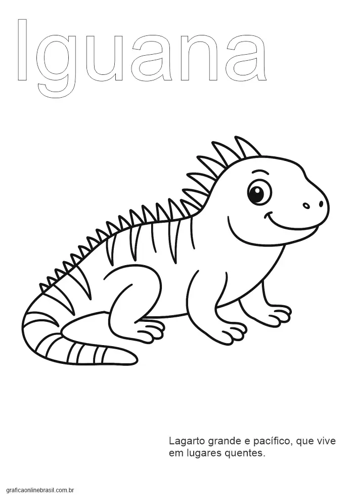 Página educativa com a palavra "Iguana" para colorir e escrever, com imagem da iguana.