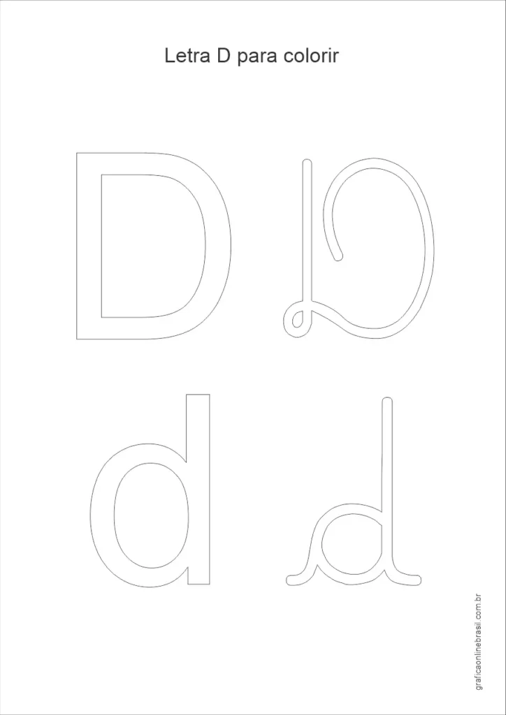 Desenho da letra D maiúscula e minúscula para colorir, em estilo simples para alfabetização infantil.