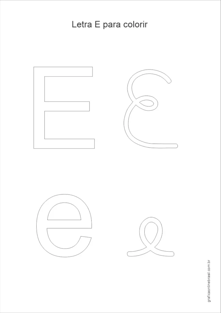 Desenho da letra E maiúscula e minúscula para colorir, em estilo simples para alfabetização infantil.