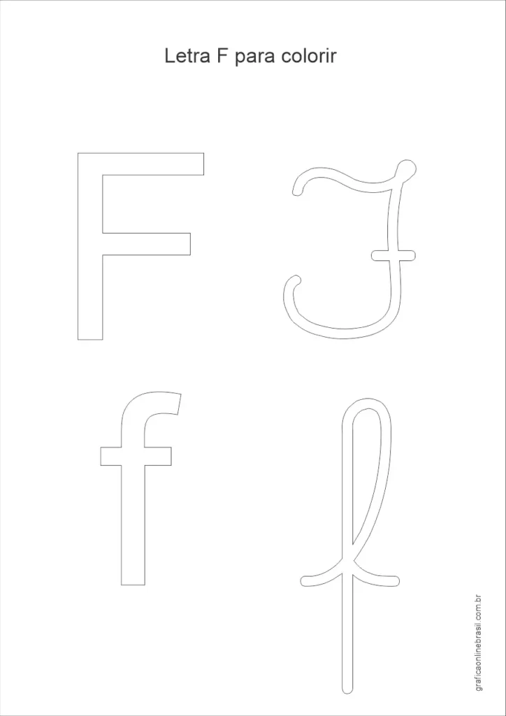 Desenho da letra F maiúscula e minúscula para colorir, em estilo simples para alfabetização infantil.