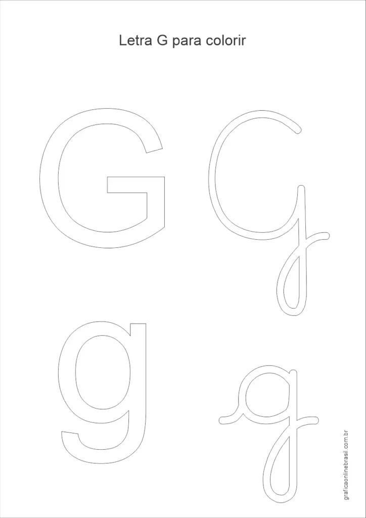 Desenho da letra G maiúscula e minúscula para colorir, em estilo simples para alfabetização infantil.