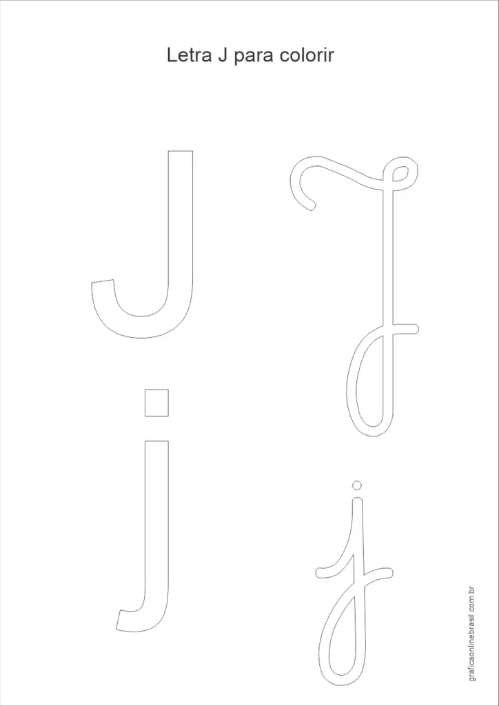 Desenho da letra J maiúscula e minúscula para colorir, em estilo simples para alfabetização infantil.