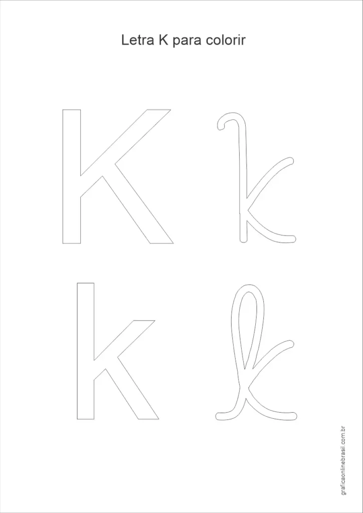 Desenho da letra K maiúscula e minúscula para colorir, em estilo simples para alfabetização infantil.