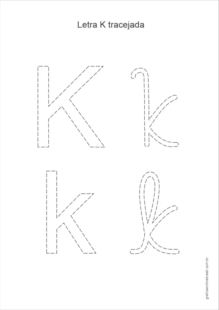 Letra K maiúscula e minúscula com traçado para treino da escrita infantil, formato tracejado.