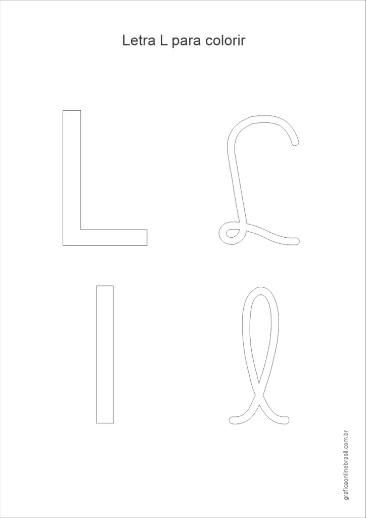 Desenho da letra L maiúscula e minúscula para colorir, em estilo simples para alfabetização infantil.