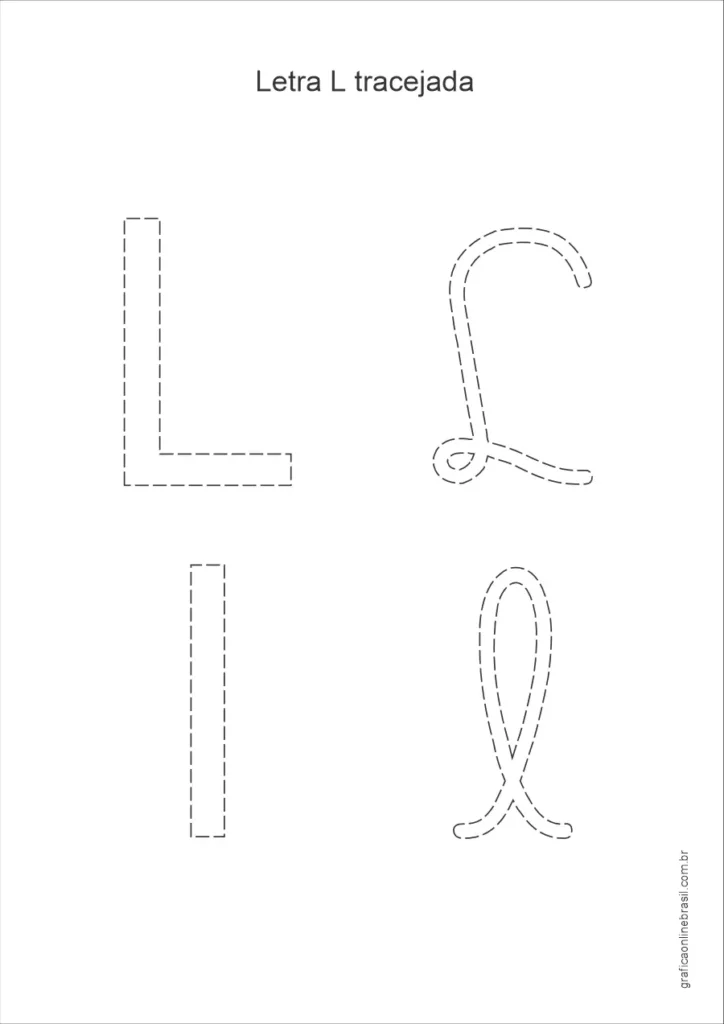 Letra L maiúscula e minúscula com traçado para treino da escrita infantil, formato tracejado.