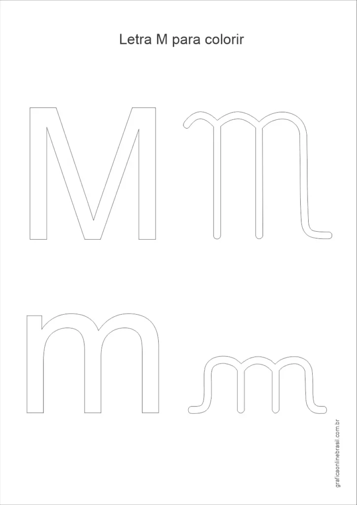 Desenho da letra M maiúscula e minúscula para colorir, em estilo simples para alfabetização infantil.