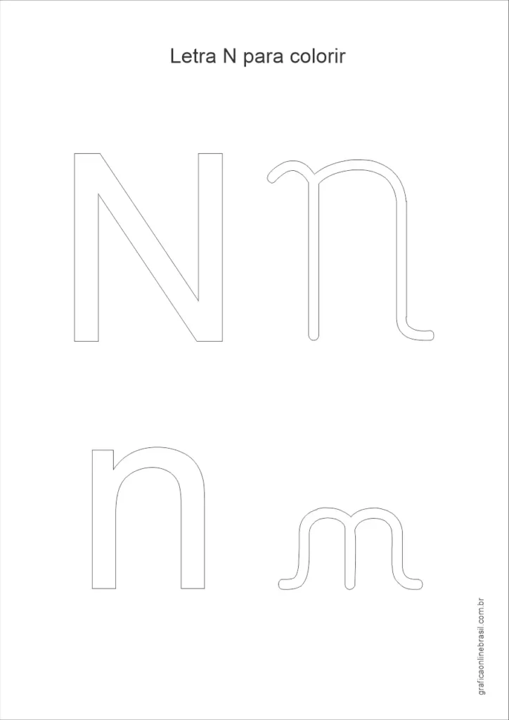 Desenho da letra N maiúscula e minúscula para colorir, em estilo simples para alfabetização infantil.
