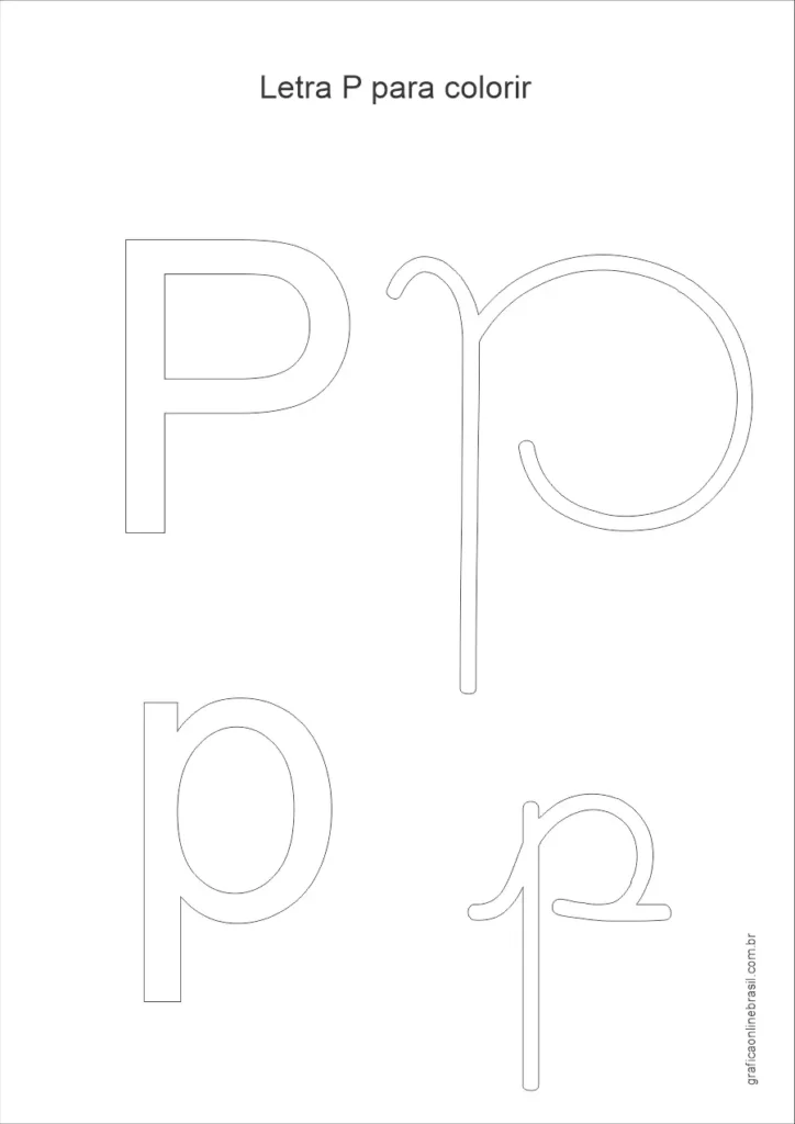 Desenho da letra P maiúscula e minúscula para colorir, em estilo simples para alfabetização infantil.