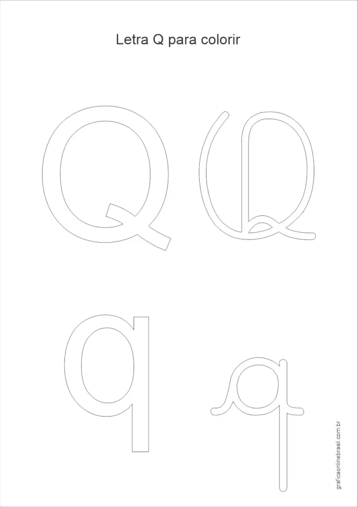 Desenho da letra Q maiúscula e minúscula para colorir, em estilo simples para alfabetização infantil.