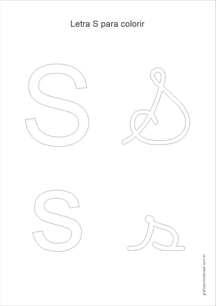 Desenho da letra S maiúscula e minúscula para colorir, em estilo simples para alfabetização infantil.