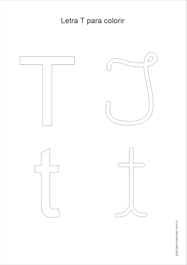 Desenho da letra T maiúscula e minúscula para colorir, em estilo simples para alfabetização infantil.