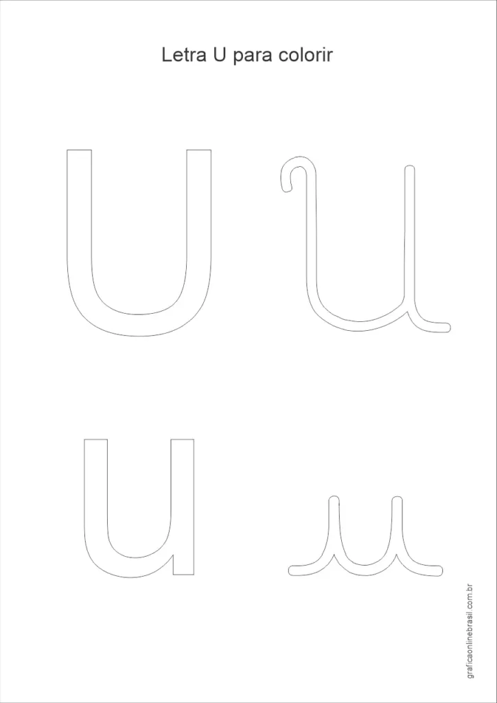 Desenho da letra U maiúscula e minúscula para colorir, em estilo simples para alfabetização infantil.