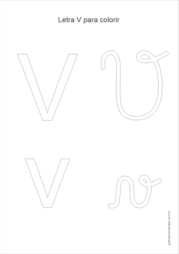 Desenho da letra V maiúscula e minúscula para colorir, em estilo simples para alfabetização infantil.